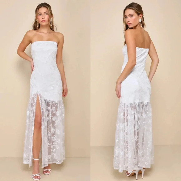 Lulu's Angelic Mood White Floral Embroidered Strapless Maxi Dress L Wedding NWOT - Picture 1 of 11